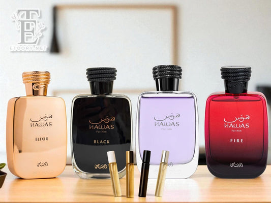 3 samples Rasasi Hawas Set |Hawas, Fire, Black and Elixir| Spray SAMPLE in GLASS Atomizer 1ml 2ml 3ml 5ml 10ml Middle Eastern Arab Samples - 3 samples Rasasi Hawas Set |Hawas, Fire, Black and Elixir| Spray SAMPLE in GLASS Atomizer 1ml 2ml 3ml 5ml 10ml Middle Eastern Arab Samples - Etoory