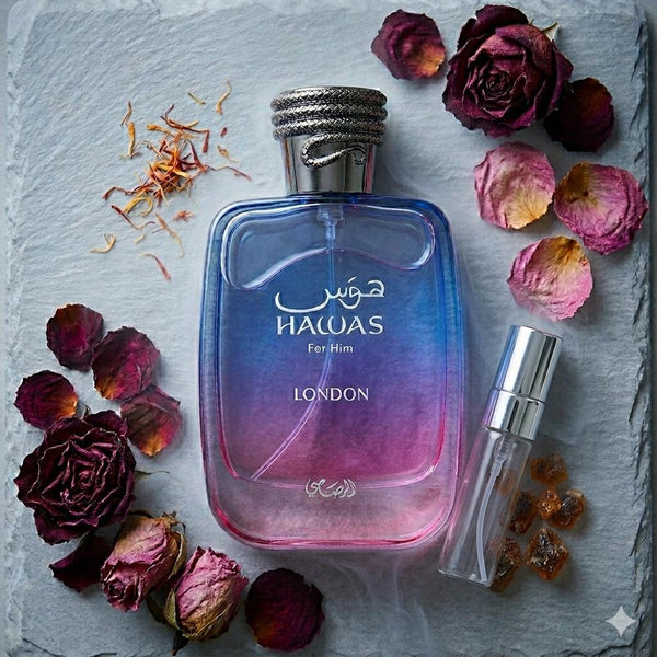 Rasasi Hawas London EDP Sample | Oriental Woody Saffron Rose Amber Fragrance (Decant) - Rasasi Hawas London EDP Sample | Oriental Woody Saffron Rose Amber Fragrance (Decant) - Etoory