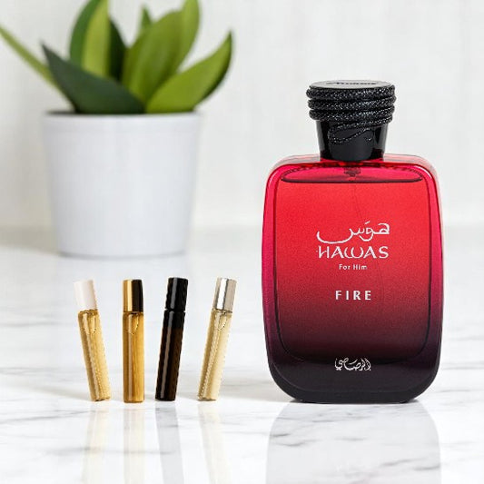 RASASI Hawas Fire de Parfum Spray SAMPLE in GLASS Atomizer 1ml 2ml 3ml 5ml 10ml Middle Eastern Arab Samples